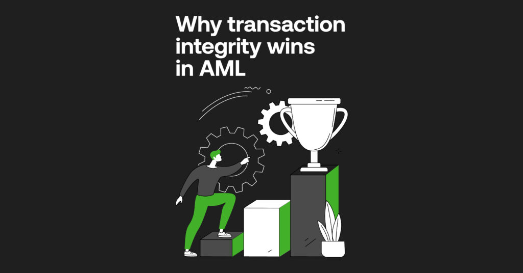 Feature image showing “why transaction integrity wins in AML” with a person climbing steps toward a trophy, symbolising stronger compliance and success.